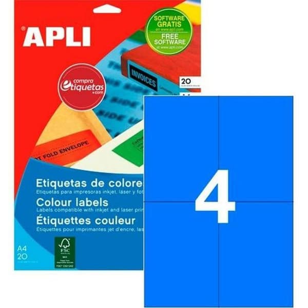 Skrivarpapper - förpackning - rulle Apli - 12992 - Etiketter för skrivare 105 x 148 mm Blå 20 paneler