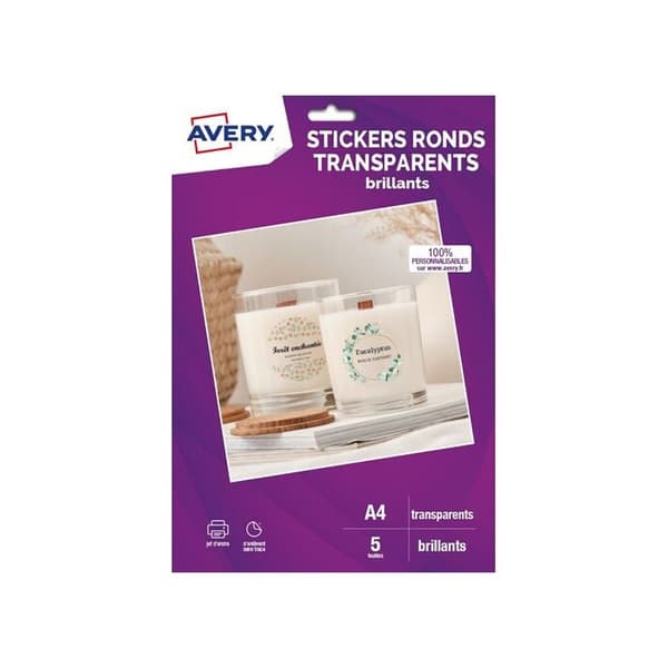 Avery Dennison tryckpapper 5 blad klistermärken runda transparenta glänsande - diameter 4 cm - Bläckstråleskrivare