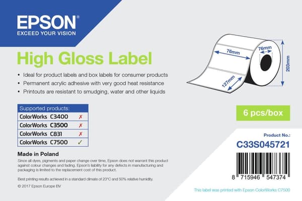 Epson - Pysyvä akryylitarra, kiiltävä, stanssattu - 76 x 127 mm 5760 tarra(t) (6 rullaa x 960) - ColorWorks C7500, C7500G (C33S045721)