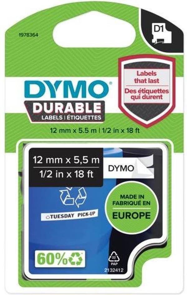 DYMO® D1 holdbar (12 mm x 5,5 M), sort på hvid