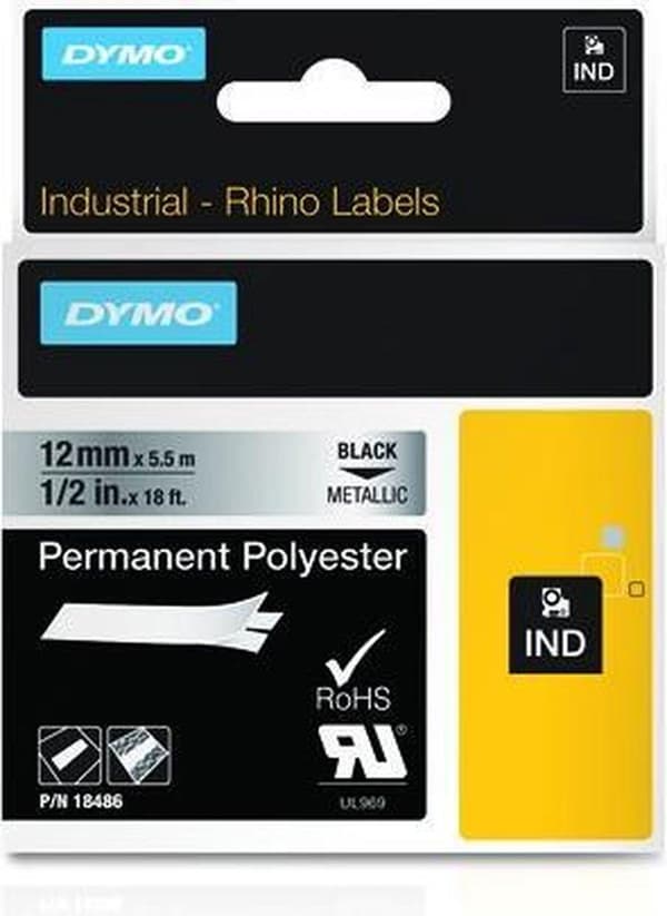 DYMO 18486 -tarratulostinteippi, musta metallivärillä