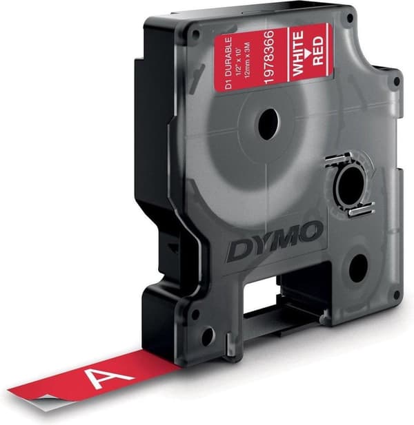DYMO® D1 Holdbar (12 mm x 3 M), hvid på rød