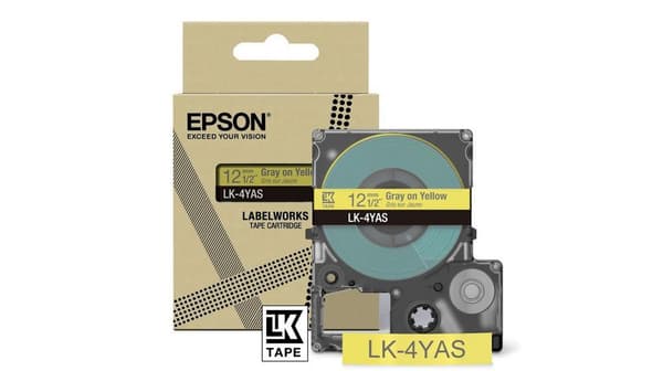 Epson LabelWorks LK-4YAS - grått på gult - rull (1,2 cm x 8 m) 1 kassett(er) hängande box - tejpkassett - för LabelWorks LW-C410, LW-C610 (C53S672104)