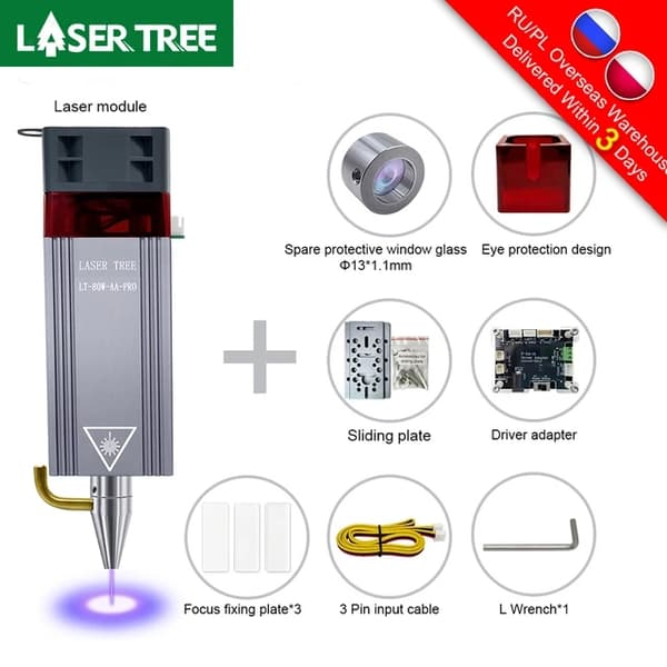 Laserhuvud för CNC-gravör, 80W effekt, 450nm blått ljus, 12V, LT-80W-AA-PRO-KIT