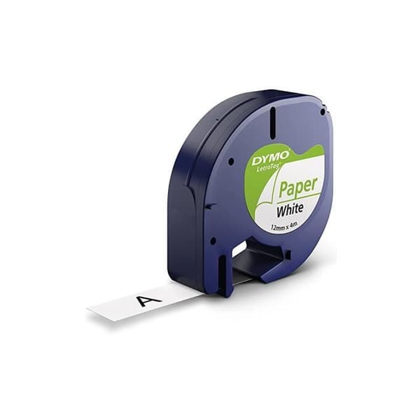 DYMO LetraTag papperstejp 12mm x 4m Svart/Vit - Kompatibel med DYMO LetraTag LT100H