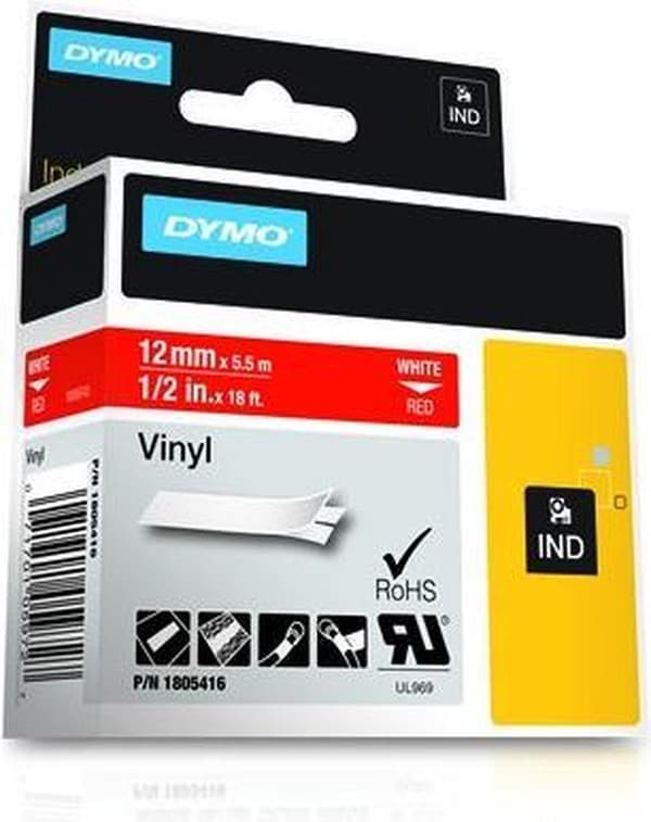 DYMO 1805416 -Standardetiketter - Vit på rött - 12 mm x 5,5 m