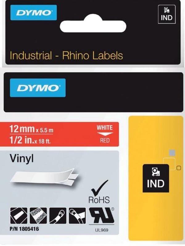DYMO 1805416 -Standardetiketter - Vit på rött - 12 mm x 5,5 m