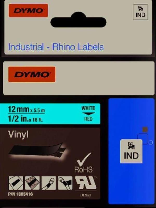 DYMO 1805416 -Standardetiketter - Vit på rött - 12 mm x 5,5 m