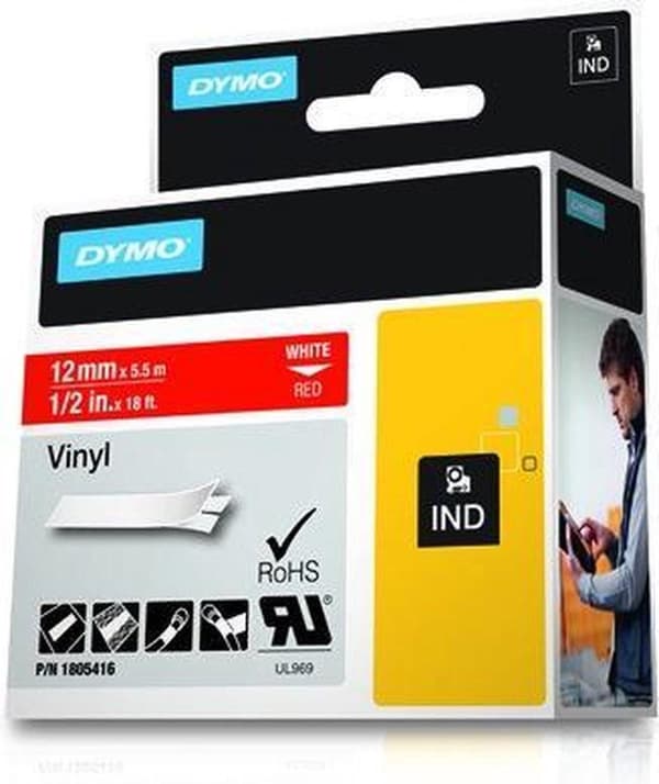 DYMO 1805416 -Standardetiketter - Vit på rött - 12 mm x 5,5 m