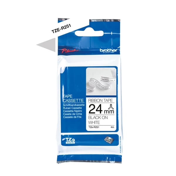 Brother tekstiletikettape TZe-R251 sort på hvid - 24 mm bred, 4 m lang (til Brother P-touch D600VP, E500VP, E550WVP, H500, P700, Cube Plus, P750W, P90