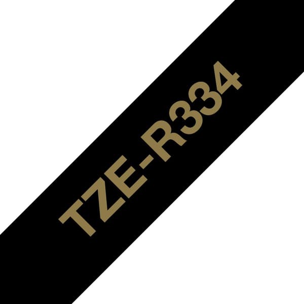 Original Brother textiletiketttejp TZe-R334 guld på svart - 12 mm bred, 4 m lång (för Brother P-touch H200, H100LB/R, H105, E100/VP, D200/BW/VP, D210/