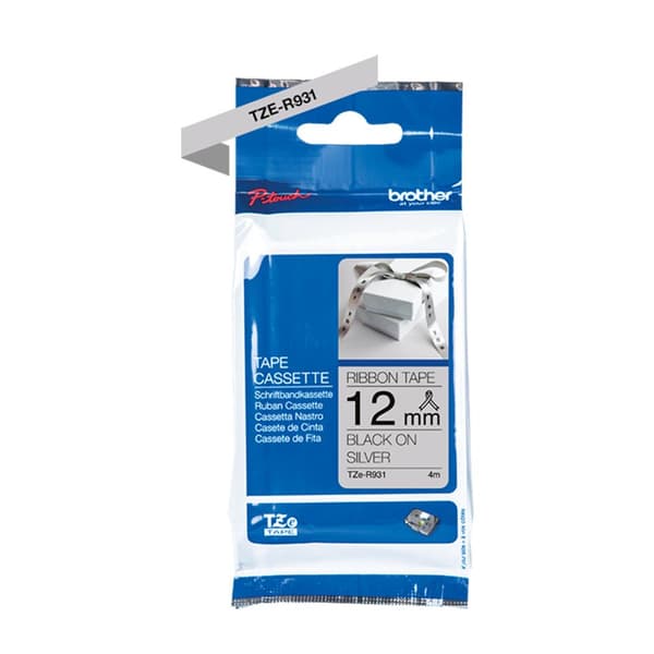 Brother TZe-R931 - Silkeagtig - Sort på sølv - Rulle (1,2 cm x 4 m) 1 rulle(r) tape - til Brother PT-D210, D600, H110, H200, P-Touch PT-1005, E110, H1