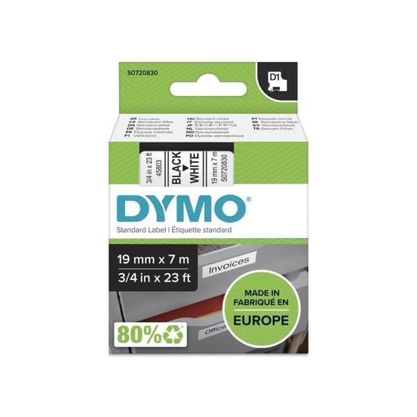 DYMO LabelManager tejpkassett D1 19mm x 7m Svart/Vit (kompatibel med LabelManager och LabelWriter Duo)