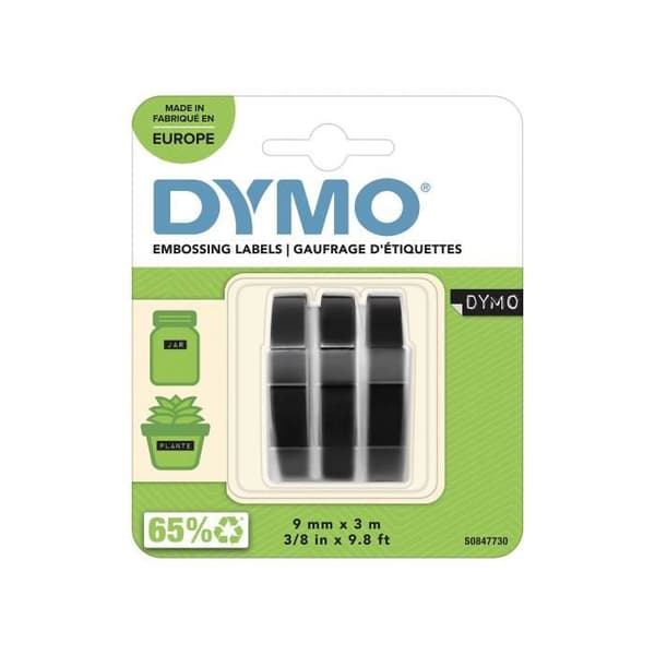 DYMO-paket med 3 3D-band i blister, blank finish, 9 mm x 3 m, svart