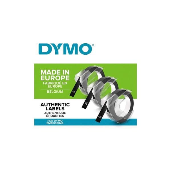 DYMO-paket med 3 3D-band i blister, blank finish, 9 mm x 3 m, svart