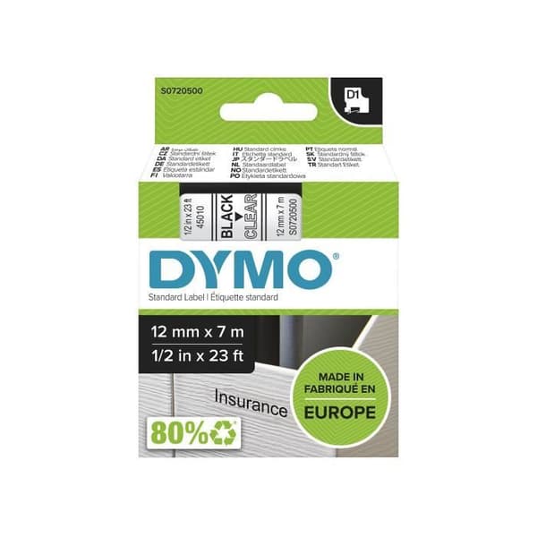 DYMO LabelManager tejpkassett D1 12mm x 7m Svart/Transparent (kompatibel med LabelManager och LabelWriter Duo)