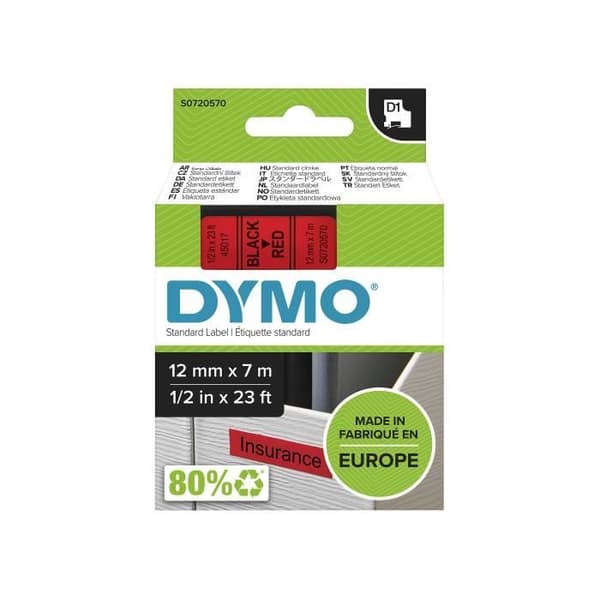 DYMO LabelManager tejpkassett D1 12mm x 7m Svart/Röd (kompatibel med LabelManager och LabelWriter Duo)