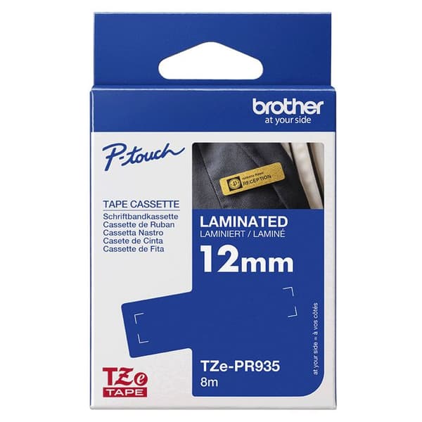 Laminerat band - BROTHER - TZEPR935 - 12mm - Vit på silverbakgrund - 8m