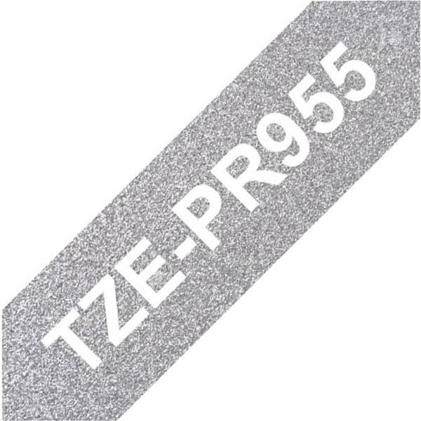 BROTHER tejp - TZEPR955 - 24 mm vit på premium silverbakgrund - Original laminerad självhäftande tejpkassett - Qt 1