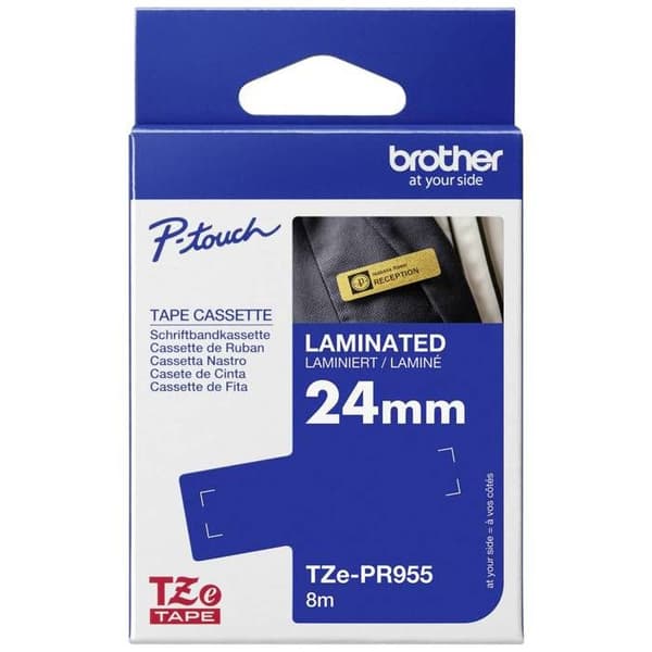 BROTHER tejp - TZEPR955 - 24 mm vit på premium silverbakgrund - Original laminerad självhäftande tejpkassett - Qt 1