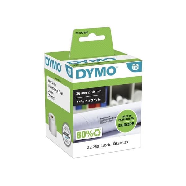 DYMO LabelWriter Box med 2 rullar med 260 adressetiketter i stort format 36 mm x 89 mm (postkontorsformat)