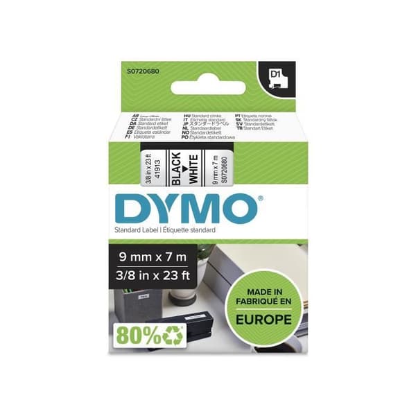 DYMO LabelManager tejpkassett D1 9mm x 7m Svart/Vit (kompatibel med LabelManager och LabelWriter Duo)