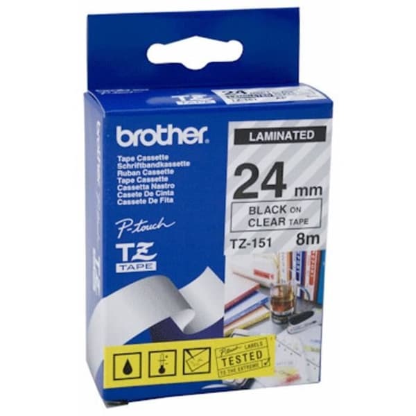 Brother P-TOUCH TZE-151 laminerad etiketttejp svart på transparent 24mm