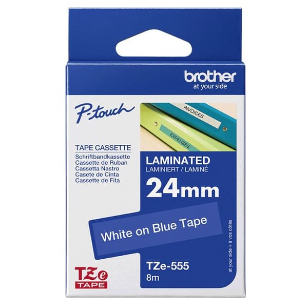 Brother TZe 555 - Laminerad tejp - vit på blått - Rulla (2,4 cm x 8 m) - 1 rulle(r)