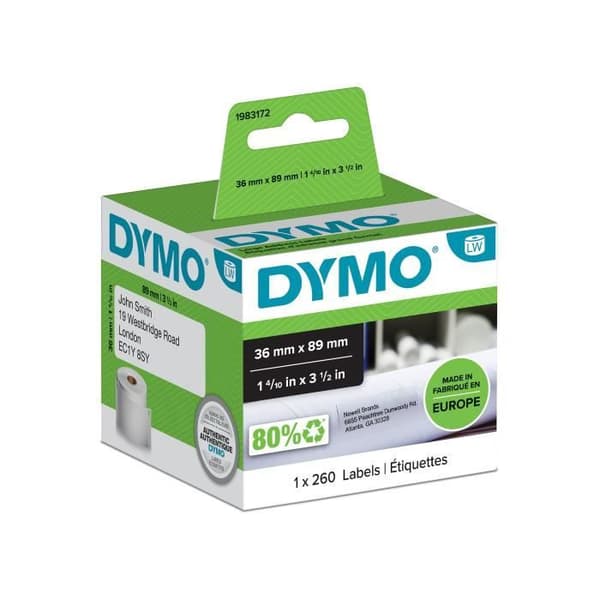 DYMO LabelWriter Box med 1 rulle med 260 standardadressetiketter, 89 mm x 36 mm