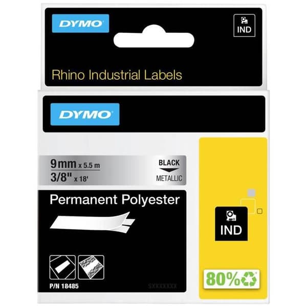 DYMO Rhino - industriella självhäftande polyesteretiketter, 9 mm x 5,5 m, svart på metallic
