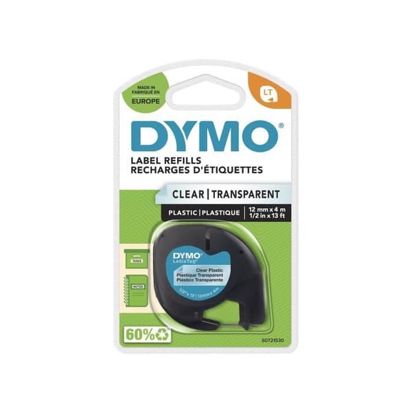 DYMO LetraTag Plasttejp 12mm x 4m Svart/Transparent
