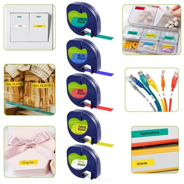Lot av 5 Etiketter - Phonillico® - Kompatibel med Dymo LetraTag - 12mm - 4m - Plastisk