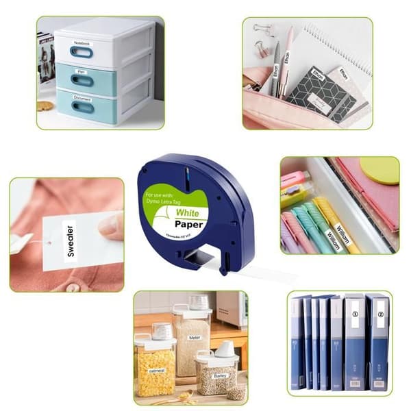 Ruban Papier - Phonillico® - Kompatibel med Dymo LetraTag - Paket med 5 - 12mm x 4m - Vita Etiketter
