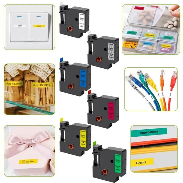 Set med 6 Band - Phonillico® - Kompatibel med Dymo - 12mm x 7m - Flerfärgad - Varierande etiketter