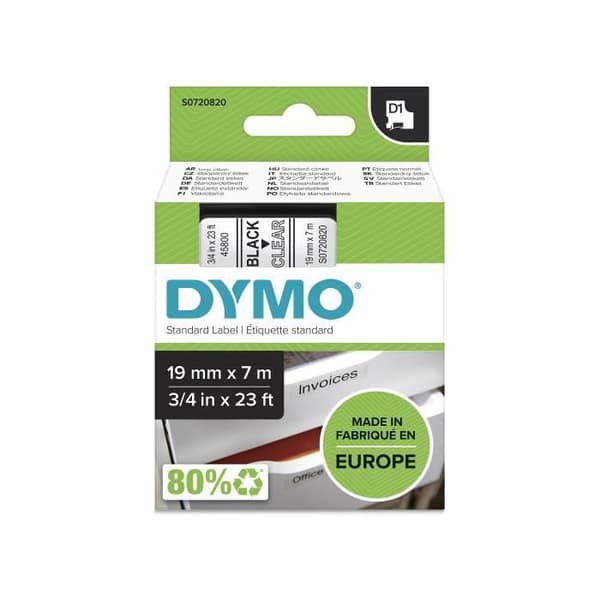 DYMO LabelManager tejpkassett D1 19mm x 7m Svart/Transparent (kompatibel med LabelManager och LabelWriter Duo)