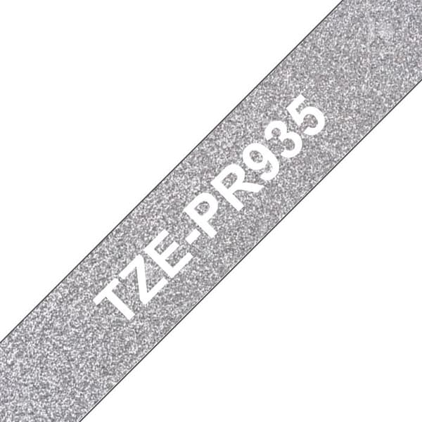 Laminerat band - BROTHER - TZEPR935 - 12mm - Vit på silverbakgrund - 8m