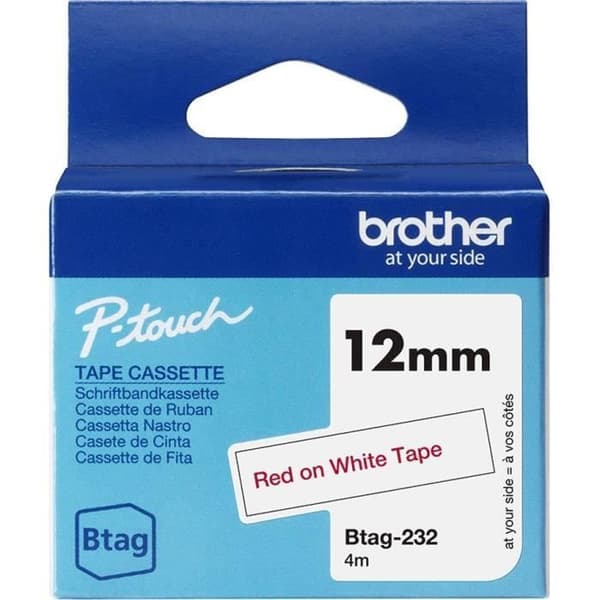Tejp - BROTHER - BTAG232 - Röd på vitt - 12 mm - Ej laminerad