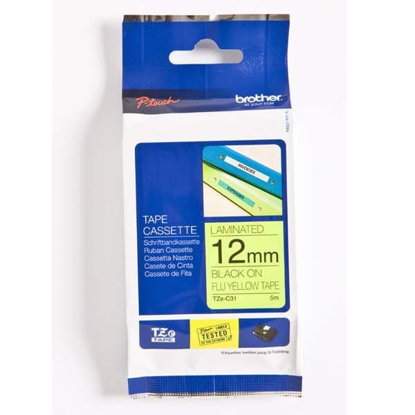 Brother TZe C31 - Laminerad tejp - svart på fluorescerande gult - rulle (1,2cm x 5m) - 1 rulle(r) - för P-Touch 1080, 1100, 12XX, 1400, 1650, 1750, 18