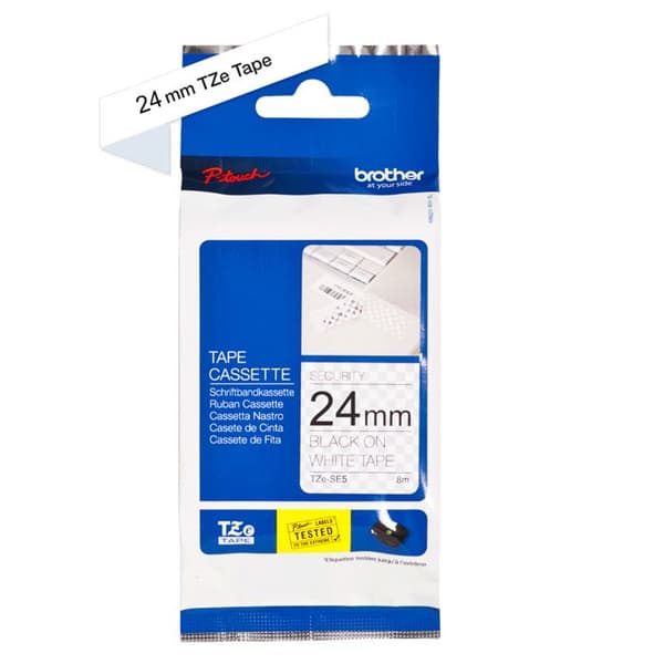 Brother TZe-SE5 säkerhetsbläckband - Vit på svart - 24mm x 8m