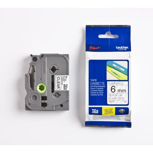 BROTHER P-TOUCH TZE-111 etiketttejp - 6 mm - Svart på transparent - Standardlim
