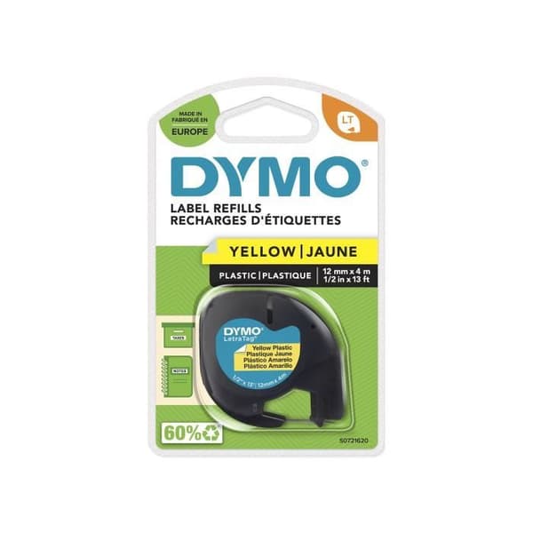DYMO LetraTag Plasttejp 12mm x 4m Svart/Gul (kompatibel med DYMO LetraTag LT100H)