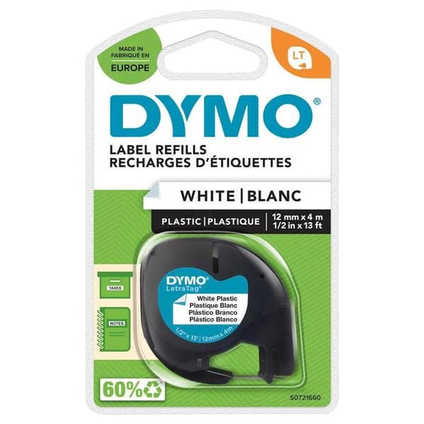 DYMO LetraTag plasttejp (12mm x 4m) Svart/Vit