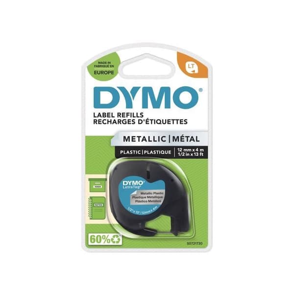 DYMO LetraTag metalltejp 12mm x 4m Svart/Silver (kompatibel med DYMO LetraTag LT100H)