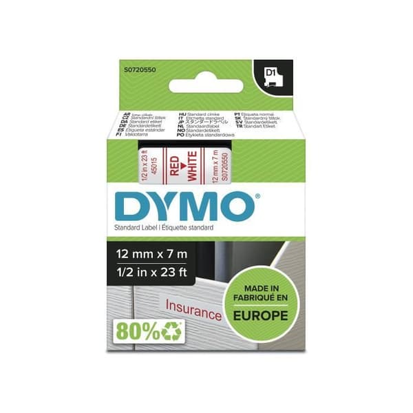 DYMO LabelManager tejpkassett D1 12mm x 7m Röd/Vit (kompatibel med LabelManager och LabelWriter Duo)