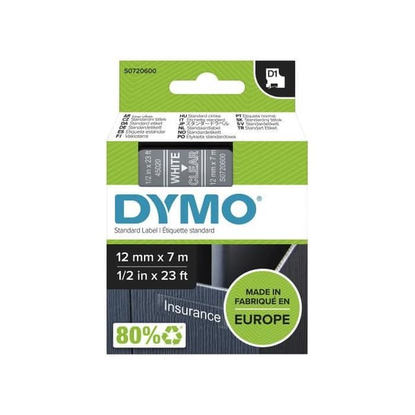 DYMO LabelManager tejpkassett D1 12mm x 7m Vit/Transparent (kompatibel med LabelManager och LabelWriter Duo)