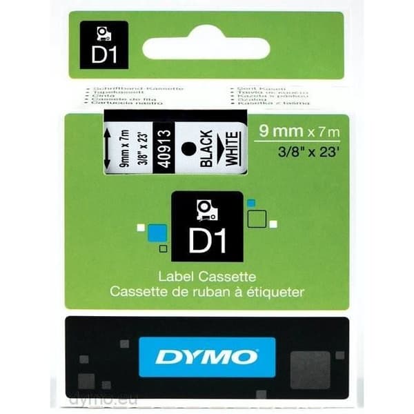 Standard D1-tejp - DYMO - Svart på vitt - Polyester - 9mm x 7m