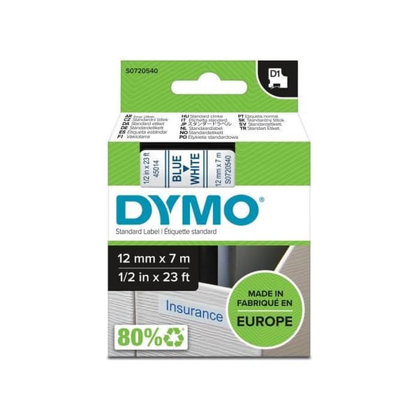 DYMO LabelManager tejpkassett D1 12mm x 7m Blå/Vit (kompatibel med LabelManager och LabelWriter Duo)