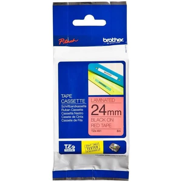 BROTHER P-TOUCH TZE-451 laminerad etiketttejp svart på rött 24mm