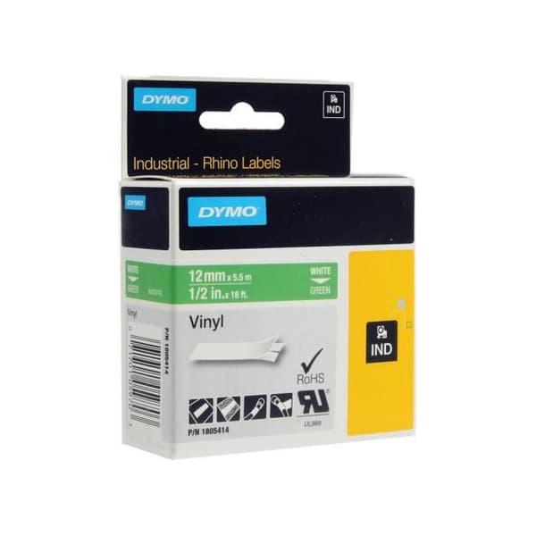 DYMO Rhino - Industriella vinyletiketter 12 mm x 5,5 m - Vit på grönt