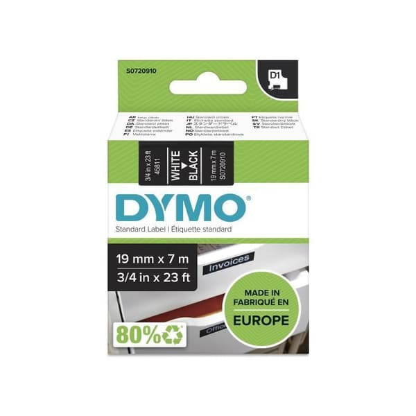 DYMO - LabelManager tejpkassett D1 19mm x 7m - Vit/Svart - Kompatibel med LabelManager och LabelWriter Duo